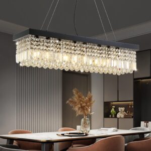 7PM Rectangle K9 Crystal Chandelier Modern Rectangular Pendant Lighting Fixture for Dining Room Kitchen Island Bedroom Black L40 x W10 x H10