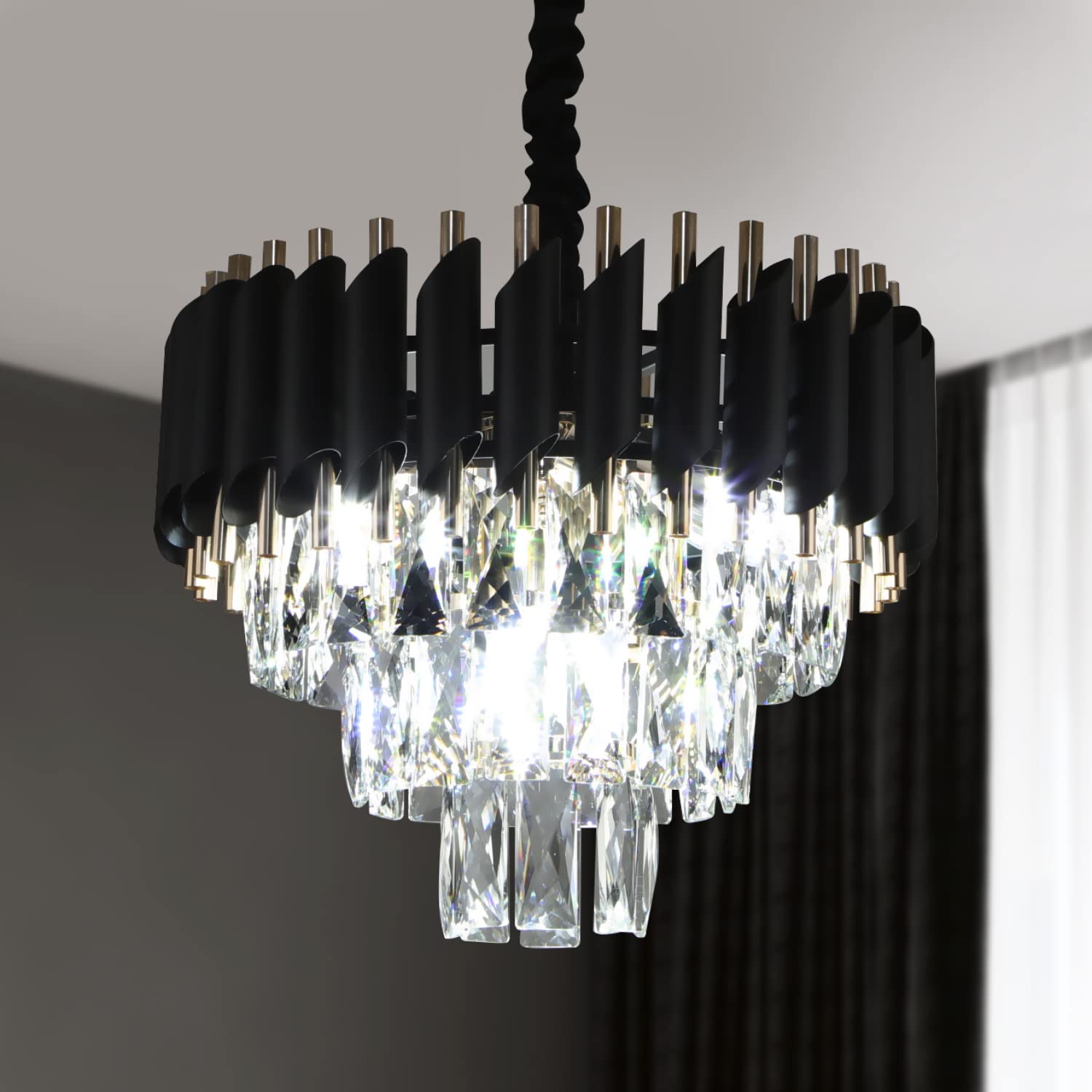 A AXILIXI Modern Crystal Chandeliers 3 Tiers Black and gold Pendant Light Fixtures 16” Round Flush Mount Chandeliers Ceiling lighting Dimmable for Living Room Dining Room Foyer Bedroom Kitchen