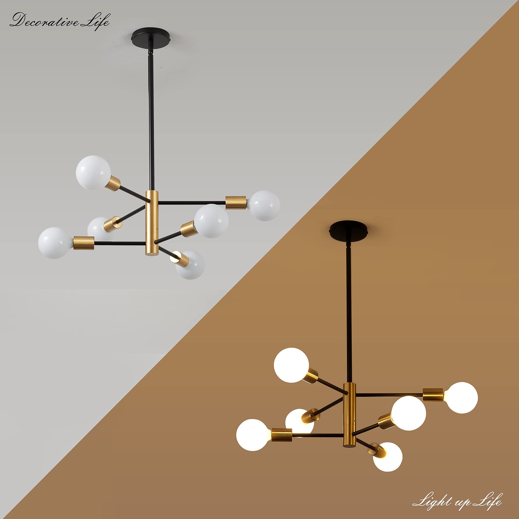 KAISITE Modern Sputnik Chandelier - 6 Light Chandelier Light Fixture Height Adjustable Mid Century Ceiling Chandelier Plating Finished Black and Gold Chandelier for Kitchen Bedroom and Foyer