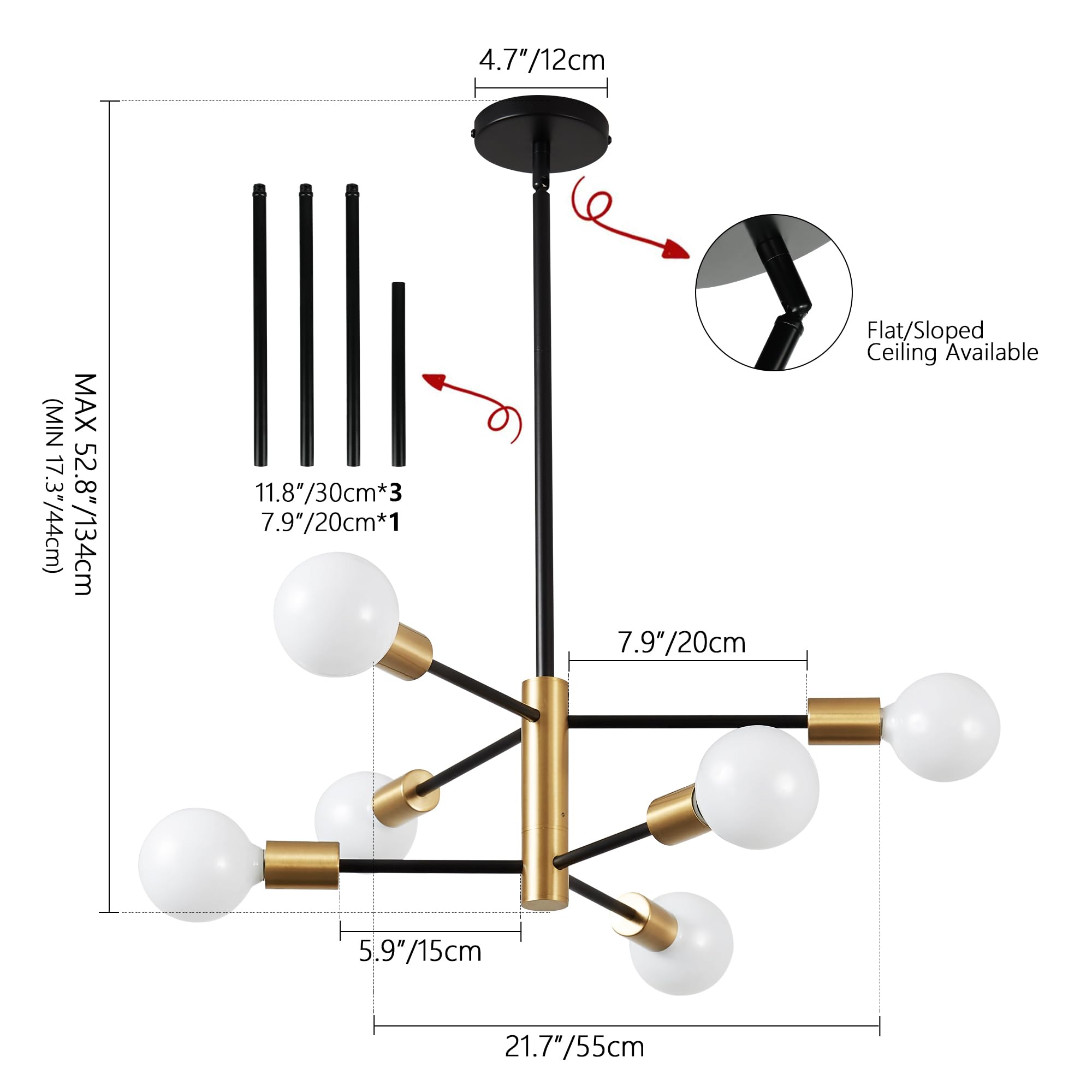 KAISITE Modern Sputnik Chandelier - 6 Light Chandelier Light Fixture Height Adjustable Mid Century Ceiling Chandelier Plating Finished Black and Gold Chandelier for Kitchen Bedroom and Foyer