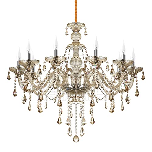 Ridgeyard 10-Light Crystal Chandelier Cognac/Champagne Modern Chandelier K9 Crystal Candle Pendant Ceiling Lighting Fixture, Chandeliers for Dining Room Home Decor