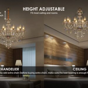 Ridgeyard 10-Light Crystal Chandelier Cognac/Champagne Modern Chandelier K9 Crystal Candle Pendant Ceiling Lighting Fixture, Chandeliers for Dining Room Home Decor