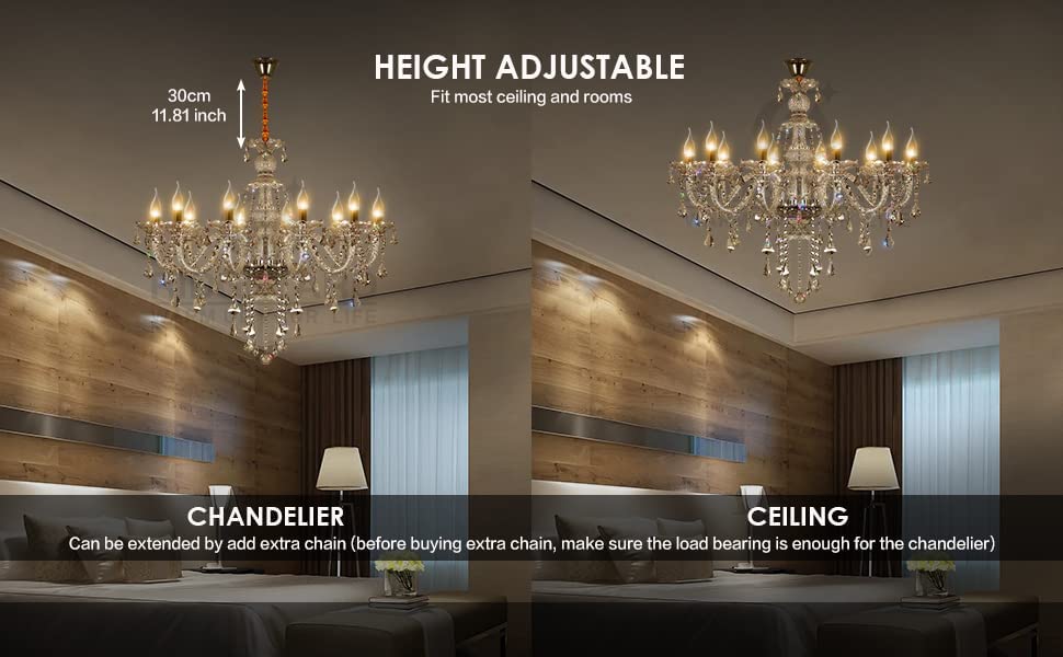 Ridgeyard 10-Light Crystal Chandelier Cognac/Champagne Modern Chandelier K9 Crystal Candle Pendant Ceiling Lighting Fixture, Chandeliers for Dining Room Home Decor