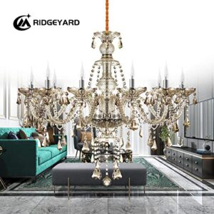 Ridgeyard 10-Light Crystal Chandelier Cognac/Champagne Modern Chandelier K9 Crystal Candle Pendant Ceiling Lighting Fixture, Chandeliers for Dining Room Home Decor