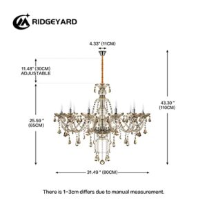 Ridgeyard 10-Light Crystal Chandelier Cognac/Champagne Modern Chandelier K9 Crystal Candle Pendant Ceiling Lighting Fixture, Chandeliers for Dining Room Home Decor