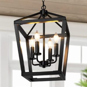 brighthome farmhouse chandelier 4-light, black pendant light fixture ceiling hanging for kitchen island dining room, lantern industrial lighting with metal cage adjustable height for entryway foyer