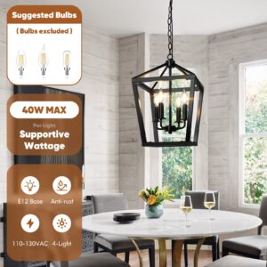 BrightHome Farmhouse Chandelier 4-Light, Black Pendant Light Fixture Ceiling Hanging for Kitchen Island Dining Room, Lantern Industrial Lighting with Metal Cage Adjustable Height for Entryway Foyer