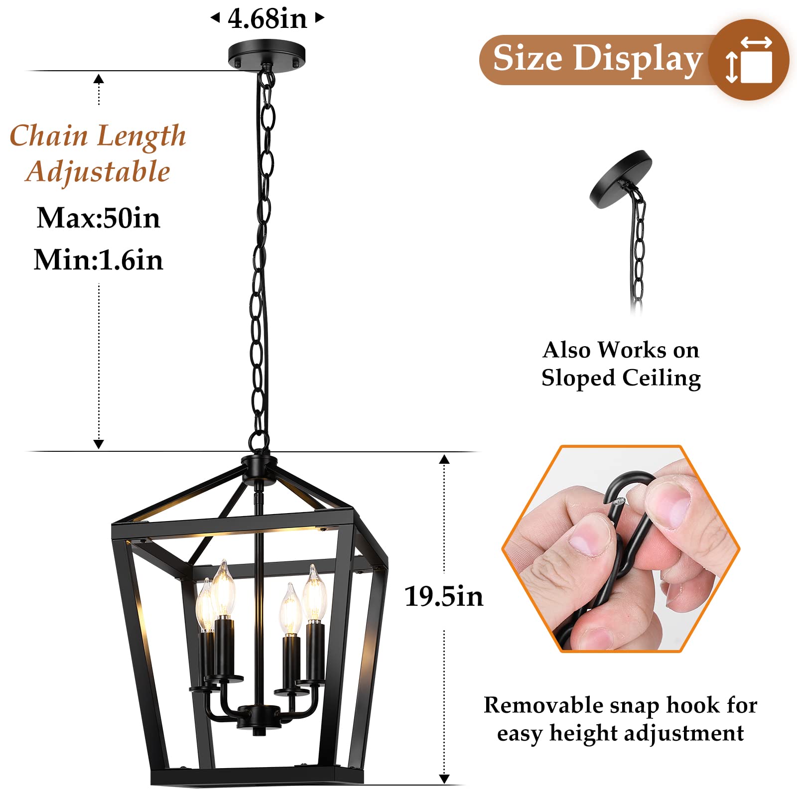 BrightHome Farmhouse Chandelier 4-Light, Black Pendant Light Fixture Ceiling Hanging for Kitchen Island Dining Room, Lantern Industrial Lighting with Metal Cage Adjustable Height for Entryway Foyer