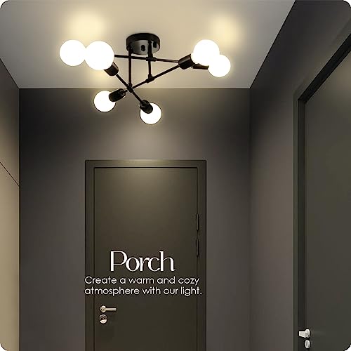 Soilsiu Modern Sputnik Chandelier, 6-Light Ceiling Light Fixture, Metal Semi Flush Mount Light Fixtures for Dining Room, Kitchen, Bedroom, Office (Black, W:16.5",H:8")