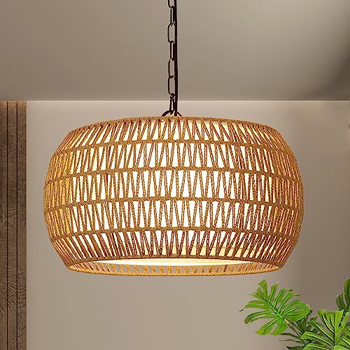 Rattan Farmhouse Chandelier Light Fixtures, 5-Lights Boho Large Pendant Light,Hand Woven Chandeliers for Dining Room with Fabric Shade,Rustic Chandeliers Hanging Light Fixtures for Kitchen Island