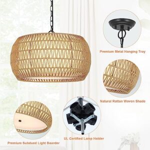 Rattan Farmhouse Chandelier Light Fixtures, 5-Lights Boho Large Pendant Light,Hand Woven Chandeliers for Dining Room with Fabric Shade,Rustic Chandeliers Hanging Light Fixtures for Kitchen Island