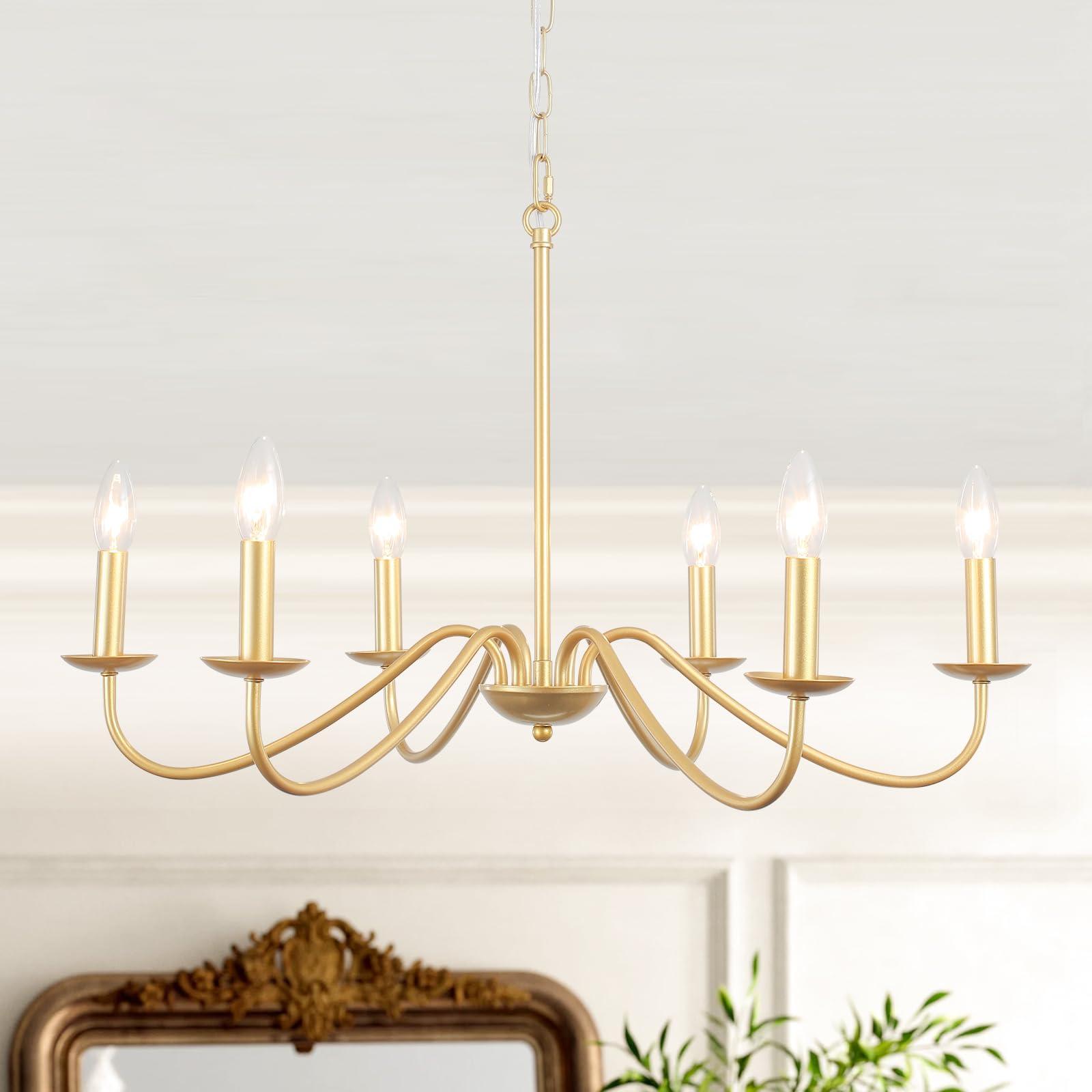 ADSENSTY Gold Chandelier for Dining Room, 6-Light Modern Farmhouse Chandelier Ceiling Light Fixture, Rustic Industrial Candle Chandeliers for Bedrooms, Foyer, Hallway, Kitchen, Living Room