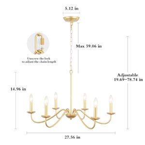 ADSENSTY Gold Chandelier for Dining Room, 6-Light Modern Farmhouse Chandelier Ceiling Light Fixture, Rustic Industrial Candle Chandeliers for Bedrooms, Foyer, Hallway, Kitchen, Living Room