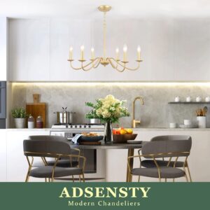 ADSENSTY Gold Chandelier for Dining Room, 6-Light Modern Farmhouse Chandelier Ceiling Light Fixture, Rustic Industrial Candle Chandeliers for Bedrooms, Foyer, Hallway, Kitchen, Living Room