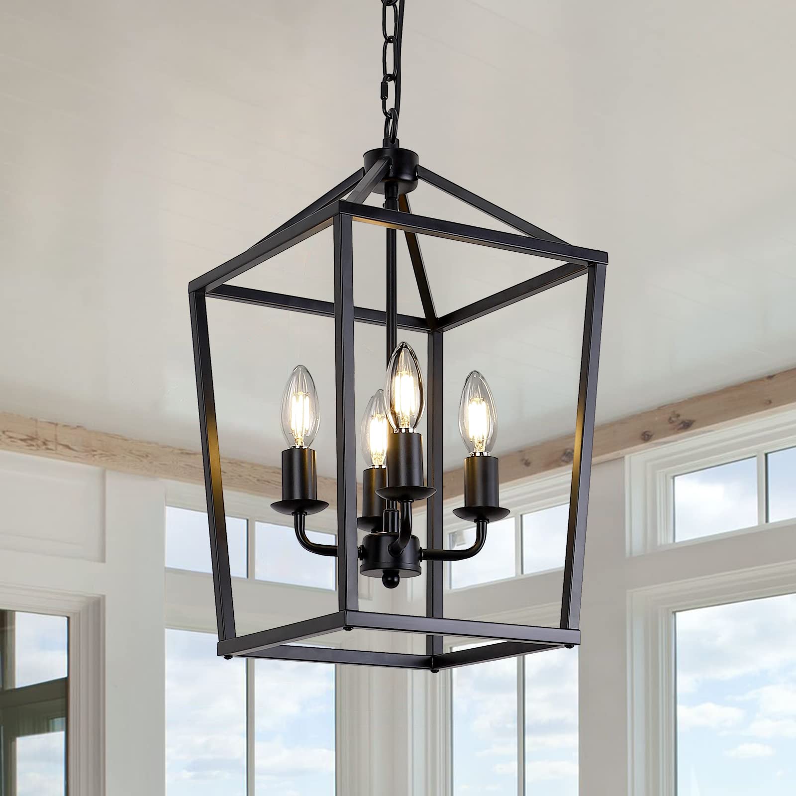 GZJunYo 4-Light Black Farmhouse Chandelier Light Fixture Iron Lantern Pendant Light Metal Cage Kitchen Hanging Light Fixtures for Kitchen Island, Dining Room, Entryway, Foyer, Hallway