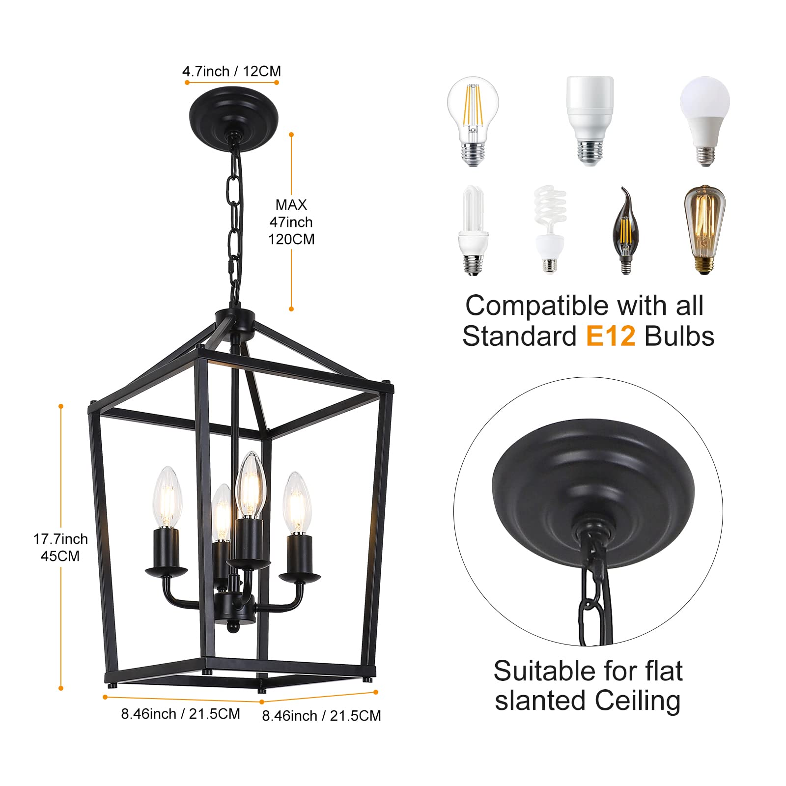 GZJunYo 4-Light Black Farmhouse Chandelier Light Fixture Iron Lantern Pendant Light Metal Cage Kitchen Hanging Light Fixtures for Kitchen Island, Dining Room, Entryway, Foyer, Hallway