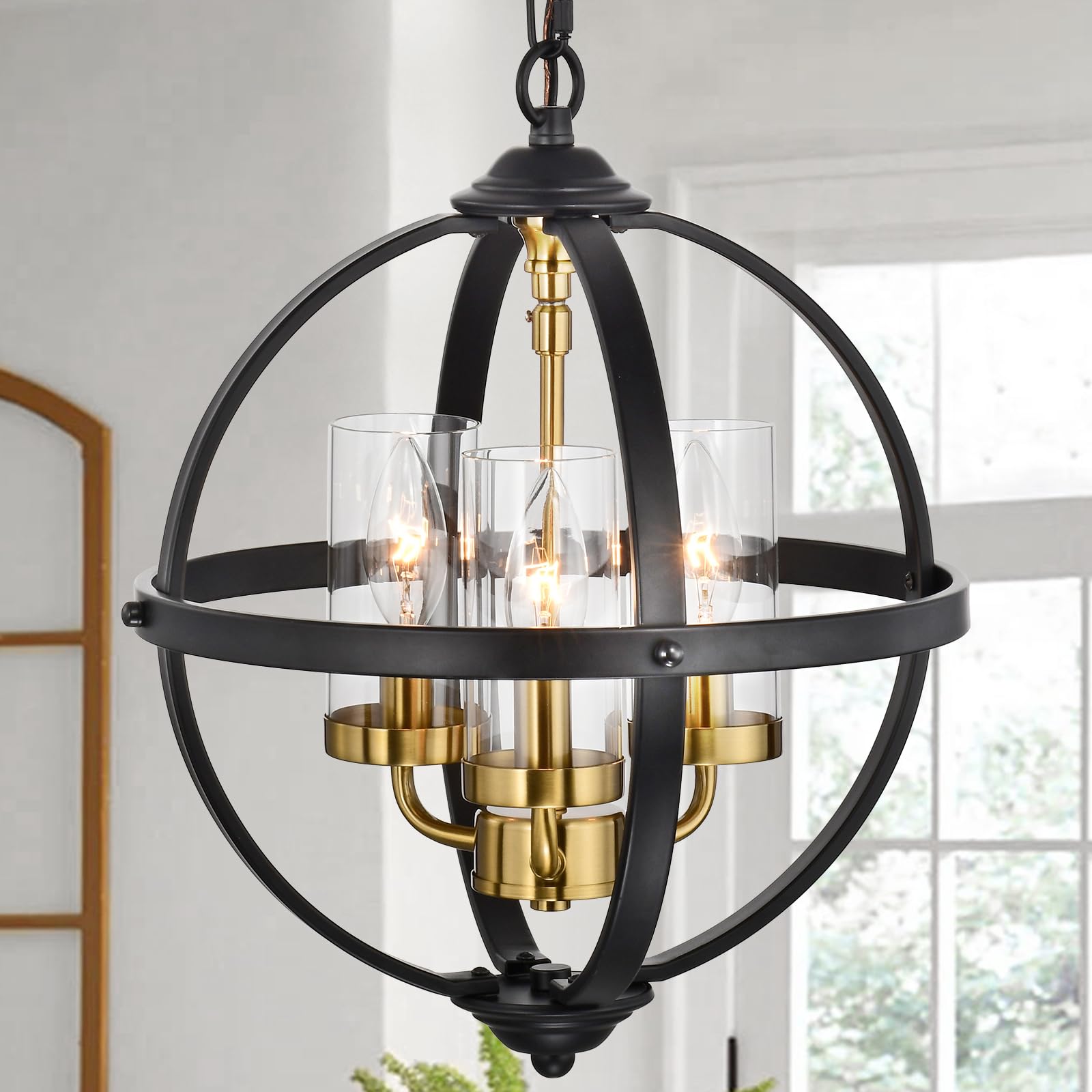 Treekee Rustic Chandelier, 14" Black and Gold Finish Glass Cover Luxurious Hanging Light, 3 Lights Globe Vintage Pendant Ceiling Light Fixtures for Living Room Entry Way Dining Room