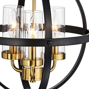 Treekee Rustic Chandelier, 14" Black and Gold Finish Glass Cover Luxurious Hanging Light, 3 Lights Globe Vintage Pendant Ceiling Light Fixtures for Living Room Entry Way Dining Room