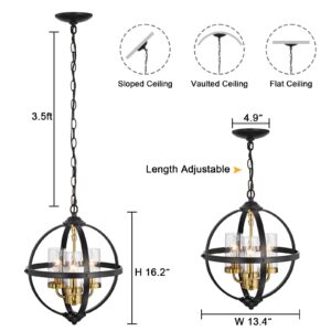 Treekee Rustic Chandelier, 14" Black and Gold Finish Glass Cover Luxurious Hanging Light, 3 Lights Globe Vintage Pendant Ceiling Light Fixtures for Living Room Entry Way Dining Room