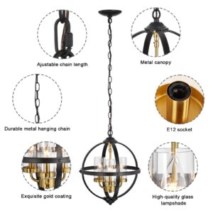 Treekee Rustic Chandelier, 14" Black and Gold Finish Glass Cover Luxurious Hanging Light, 3 Lights Globe Vintage Pendant Ceiling Light Fixtures for Living Room Entry Way Dining Room