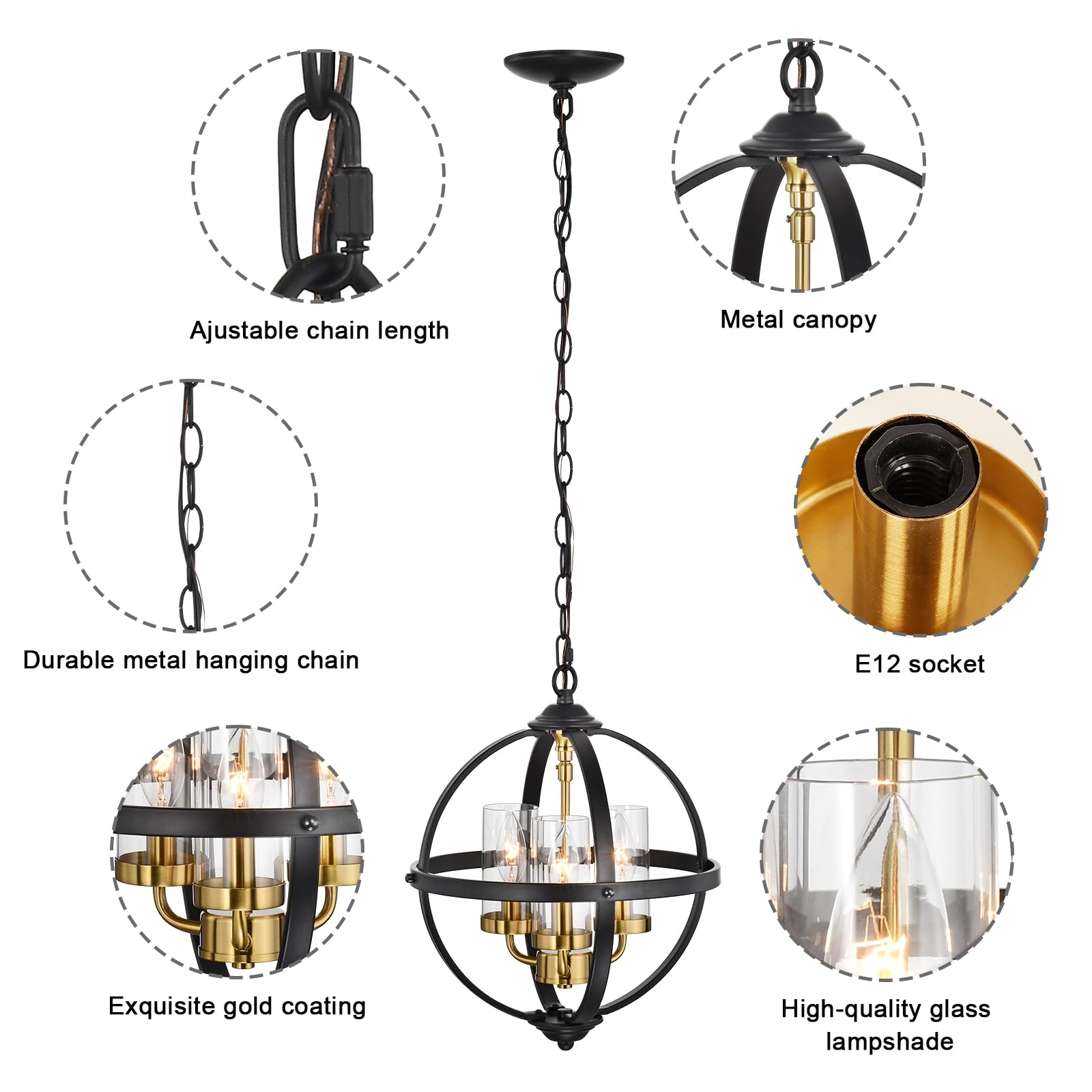 Treekee Rustic Chandelier, 14" Black and Gold Finish Glass Cover Luxurious Hanging Light, 3 Lights Globe Vintage Pendant Ceiling Light Fixtures for Living Room Entry Way Dining Room