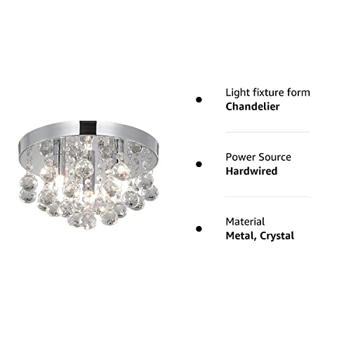 TISLYCO Modern Round Crystal Chandelier Light,3 Light Crystal Flush Mount Small Chandelier, Silver Modern Ceiling Lamps Raindrop Chandelier Crystal Light Fixture for Bedroom, Hallway