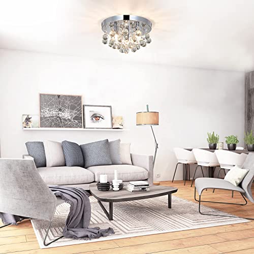 TISLYCO Modern Round Crystal Chandelier Light,3 Light Crystal Flush Mount Small Chandelier, Silver Modern Ceiling Lamps Raindrop Chandelier Crystal Light Fixture for Bedroom, Hallway