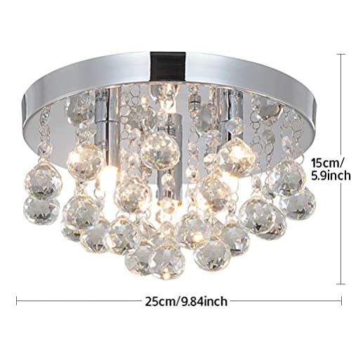 TISLYCO Modern Round Crystal Chandelier Light,3 Light Crystal Flush Mount Small Chandelier, Silver Modern Ceiling Lamps Raindrop Chandelier Crystal Light Fixture for Bedroom, Hallway