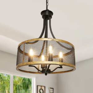 dllt 4-light farmhouse chandelier, 16" industrial pendant lighting, drum hanging light fixture with antique gold and matte black finished for dining room kitchen living room, height adjustable