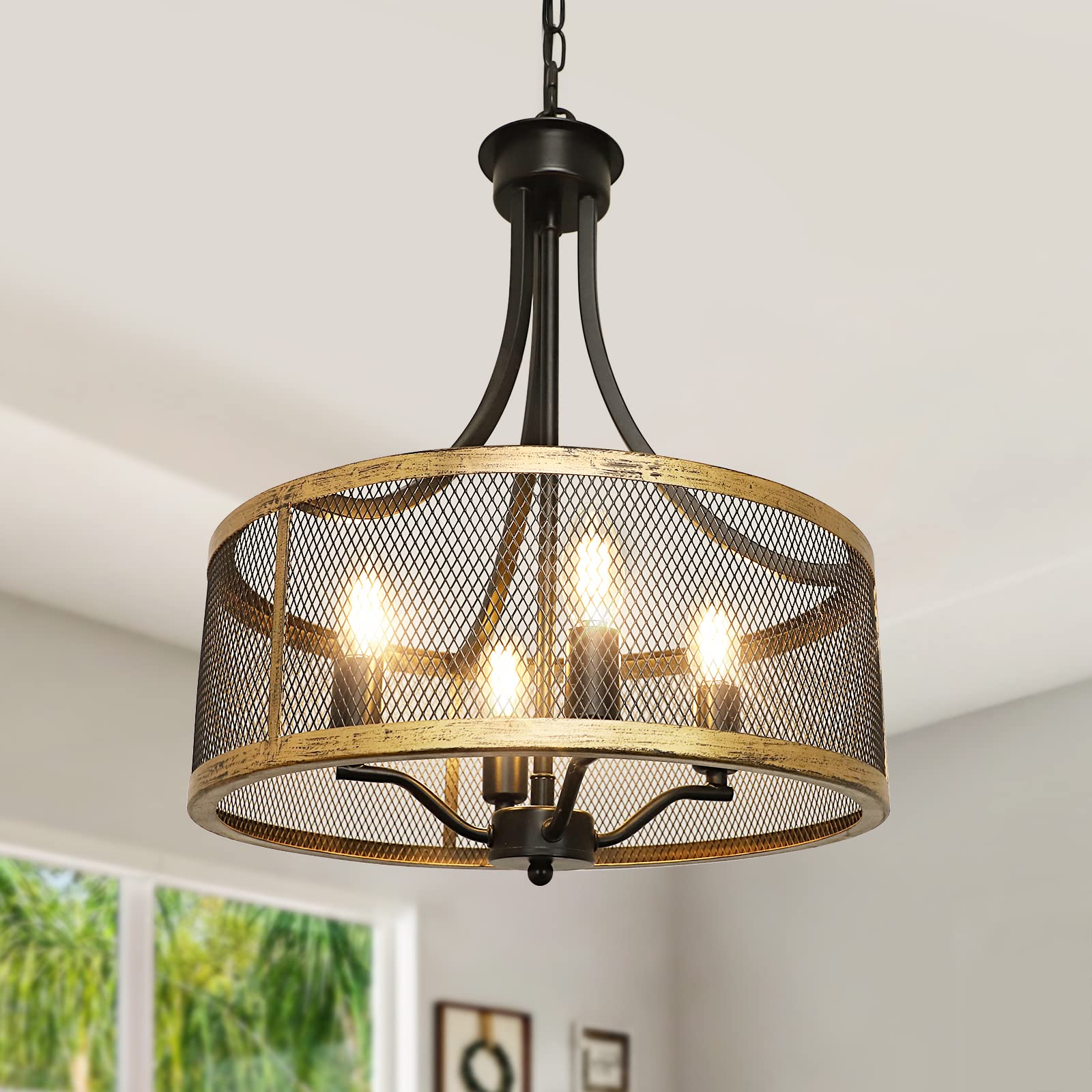 DLLT 4-Light Farmhouse Chandelier, 16" Industrial Pendant Lighting, Drum Hanging Light Fixture with Antique Gold and Matte Black Finished for Dining Room Kitchen Living Room, Height Adjustable