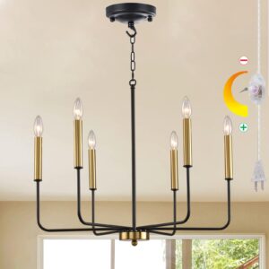 hoxiya dimmable plug in chandelier with cord 25.6", black and gold 6 light modern farmhouse chandelier for dining room, rustic retro hanging ceiling lighting pendant light outdoor gazebo porch bedroom