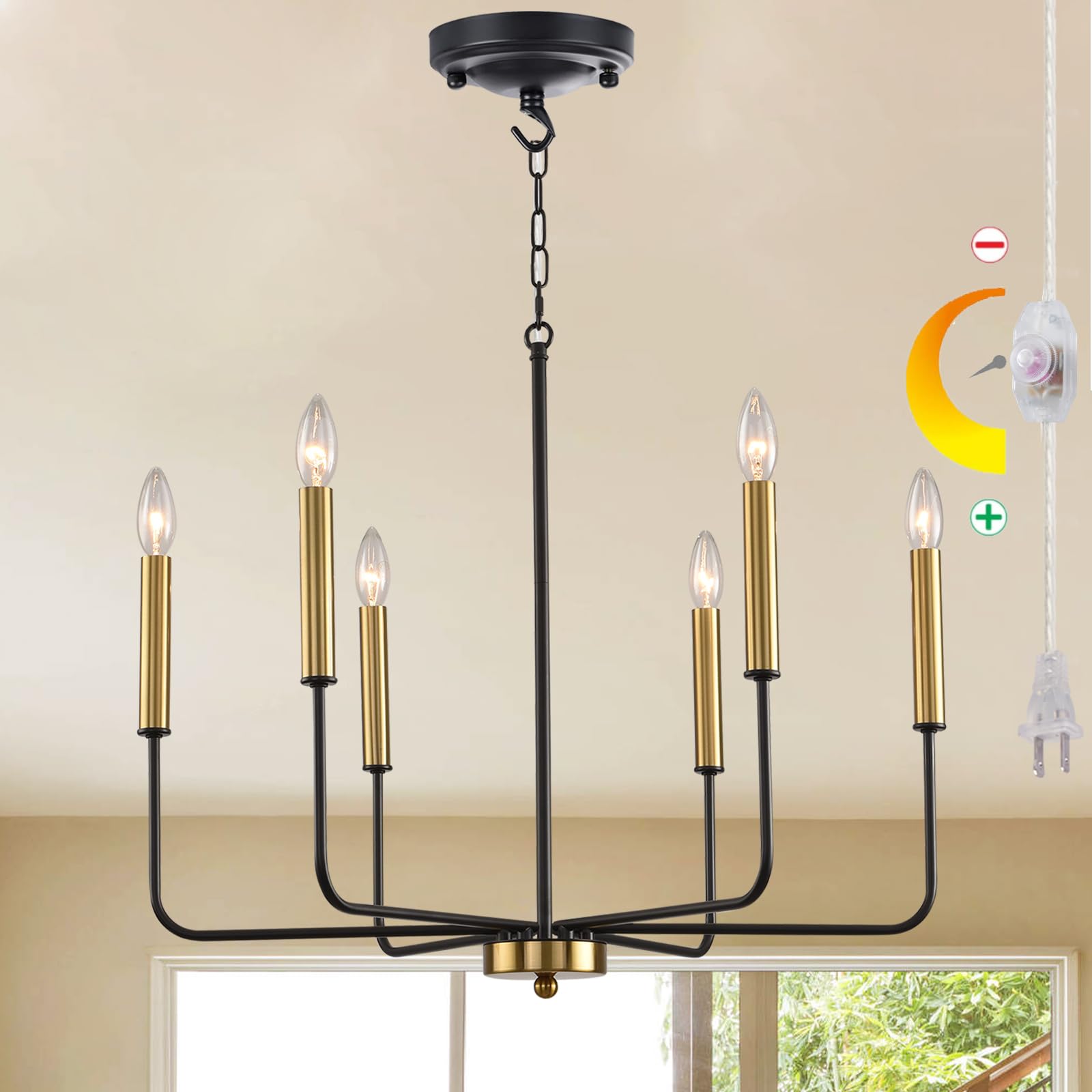 HOXIYA DIMMABLE Plug in Chandelier with Cord 25.6", Black and Gold 6 Light Modern Farmhouse Chandelier for Dining Room, Rustic Retro Hanging Ceiling Lighting Pendant Light Outdoor Gazebo Porch Bedroom