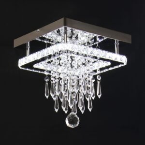 CXGLEAMING Square Crystal Chandelier Modern Crystal Ceiling Light Square LED Chandelier Flush Mount Ceiling Chandeliers for Dining Room Bedroom Hallway Closet (Cool White)