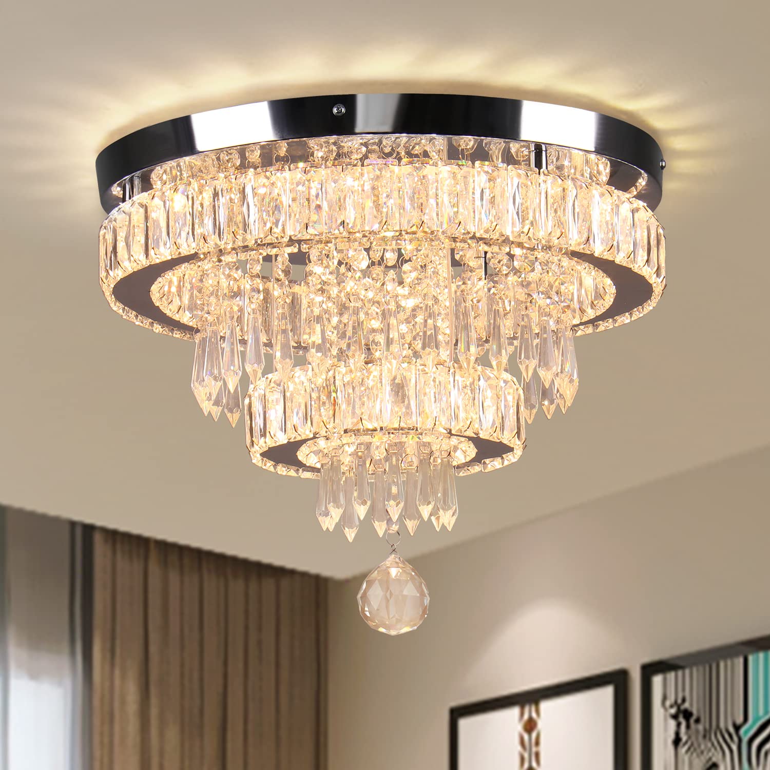 Finktonglan 16" Crystal Chandelier 2 Rings Crystal Ceiling Light Fixture Modern Chandelier LED Chandeliers Light Fixture for Dinning Room Bedroom Living Room 2700K Warm Light, Not Golden