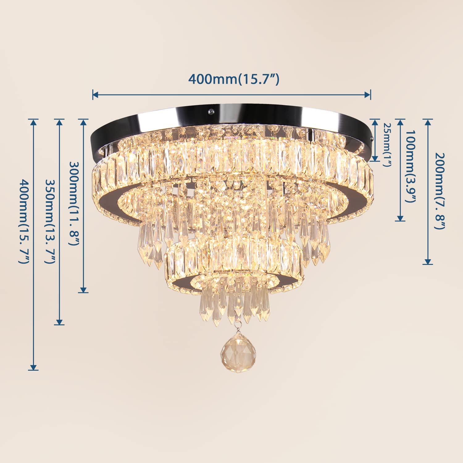 Finktonglan 16" Crystal Chandelier 2 Rings Crystal Ceiling Light Fixture Modern Chandelier LED Chandeliers Light Fixture for Dinning Room Bedroom Living Room 2700K Warm Light, Not Golden