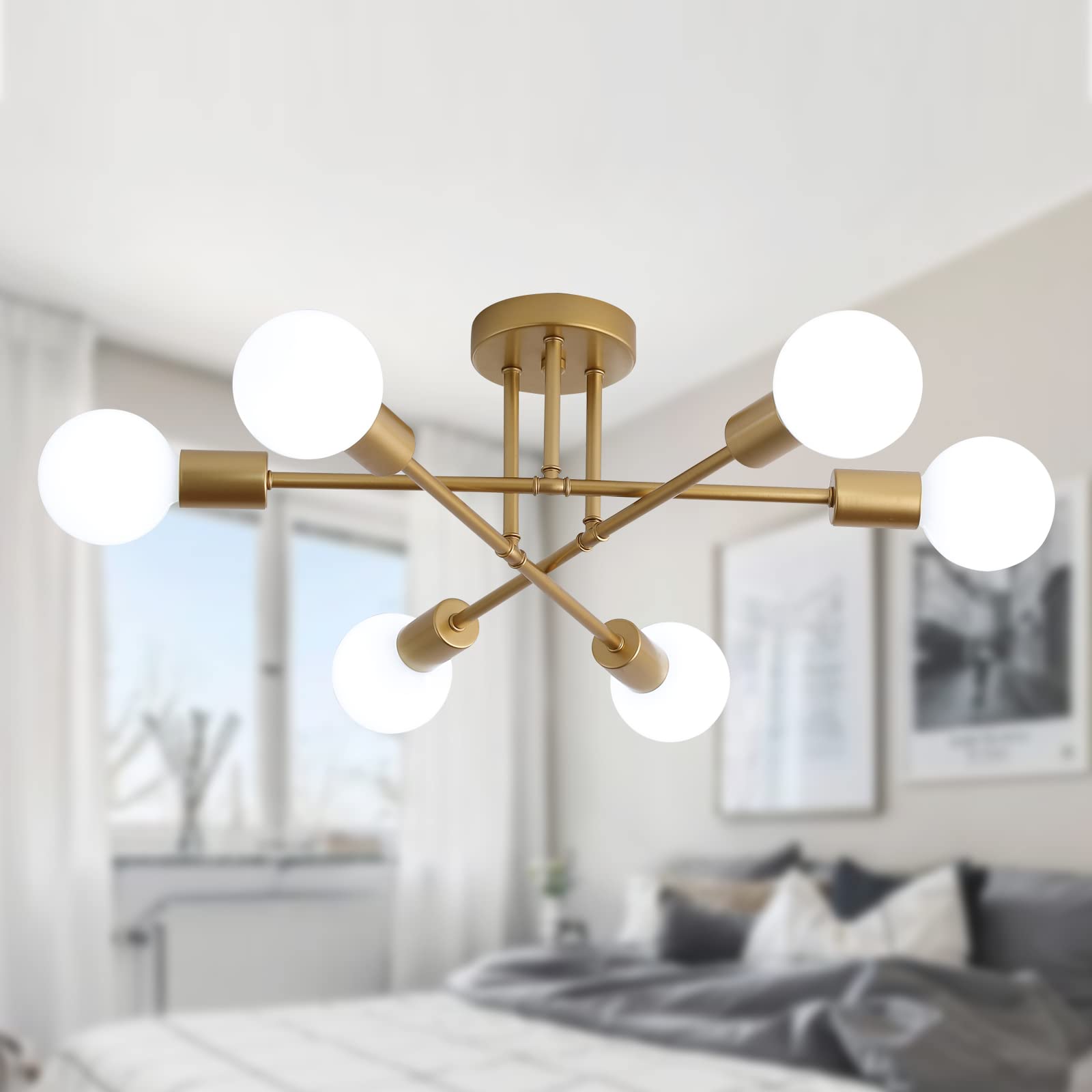 MEIXISUE Gold Modern Sputnik Chandelier Ceiling Light Fixtures,6-Lights Industrial Metal Semi Flush Mount Ceiling Light for Bedroom Dining Room Living Room Kitchen Hallway UL Listed