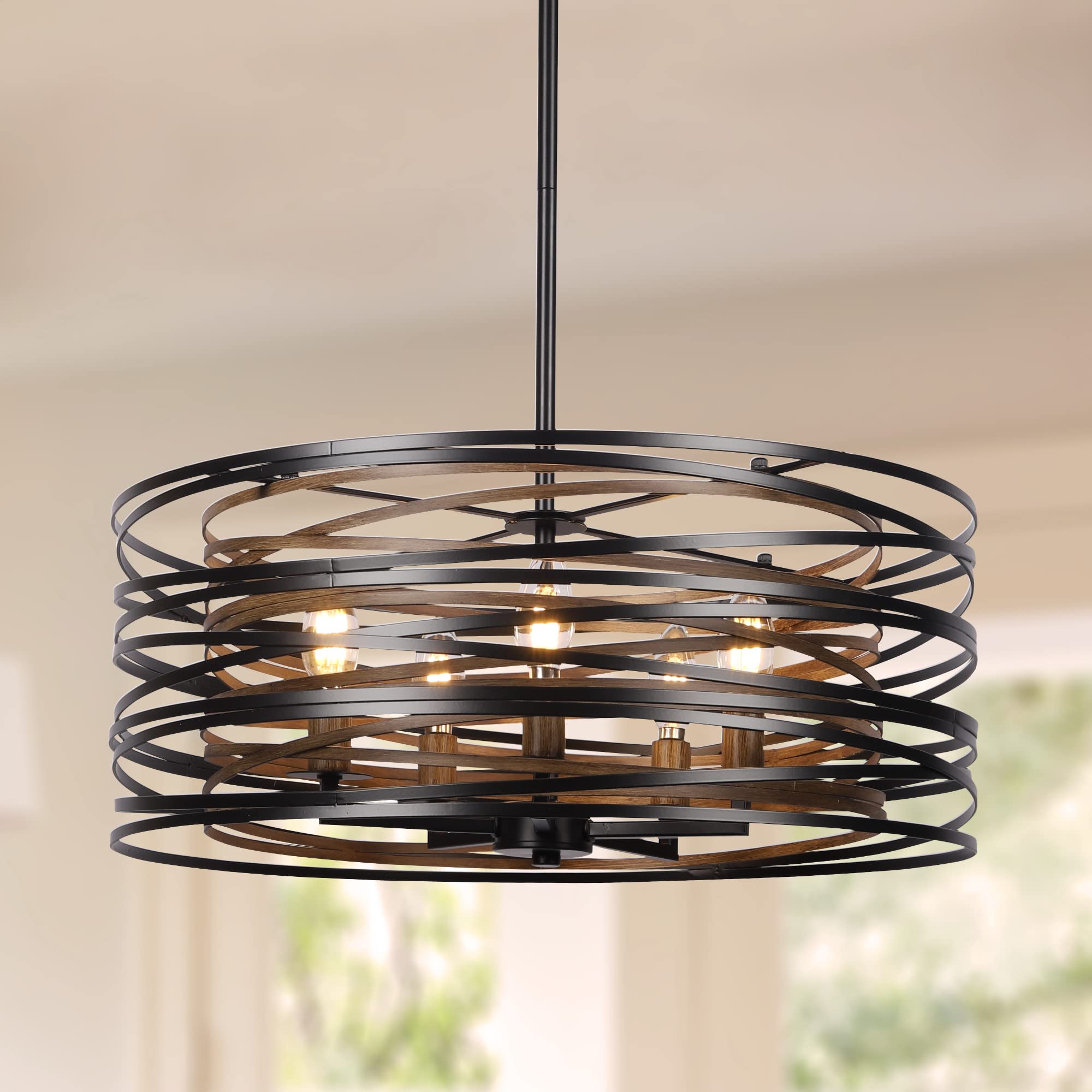 ACNKTZ 19.7'' Farmhouse Dining Room Light Fixture, 5-Light Metal Drum Chandelier, Black with Retro Wood Texture Interior