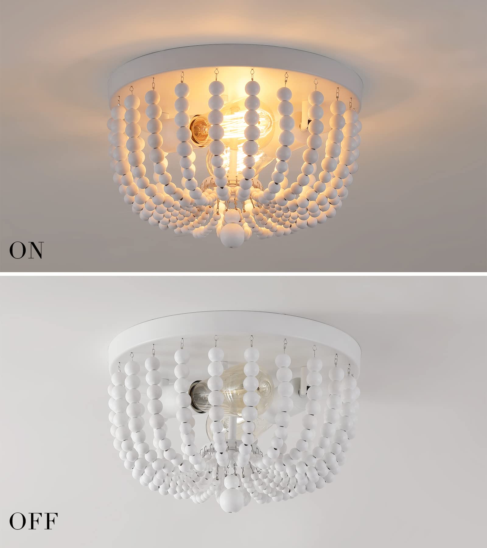 Q&S White Flush Mount Ceiling Light Fixtures,2-Lights Wood Beaded Boho Chandeliers for Nursery Baby Bedroom Dining Room Living Room Kitchen Hallway W11.81