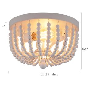 Q&S White Flush Mount Ceiling Light Fixtures,2-Lights Wood Beaded Boho Chandeliers for Nursery Baby Bedroom Dining Room Living Room Kitchen Hallway W11.81