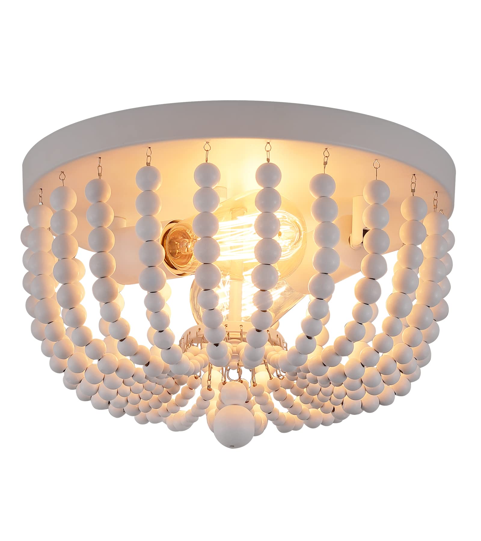 Q&S White Flush Mount Ceiling Light Fixtures,2-Lights Wood Beaded Boho Chandeliers for Nursery Baby Bedroom Dining Room Living Room Kitchen Hallway W11.81