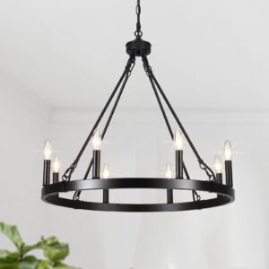 adsensty black wagon wheel chandelier, 8 lights chandelier for dining room light fixture round industrial pendant light fixtures for living room foyer entryway