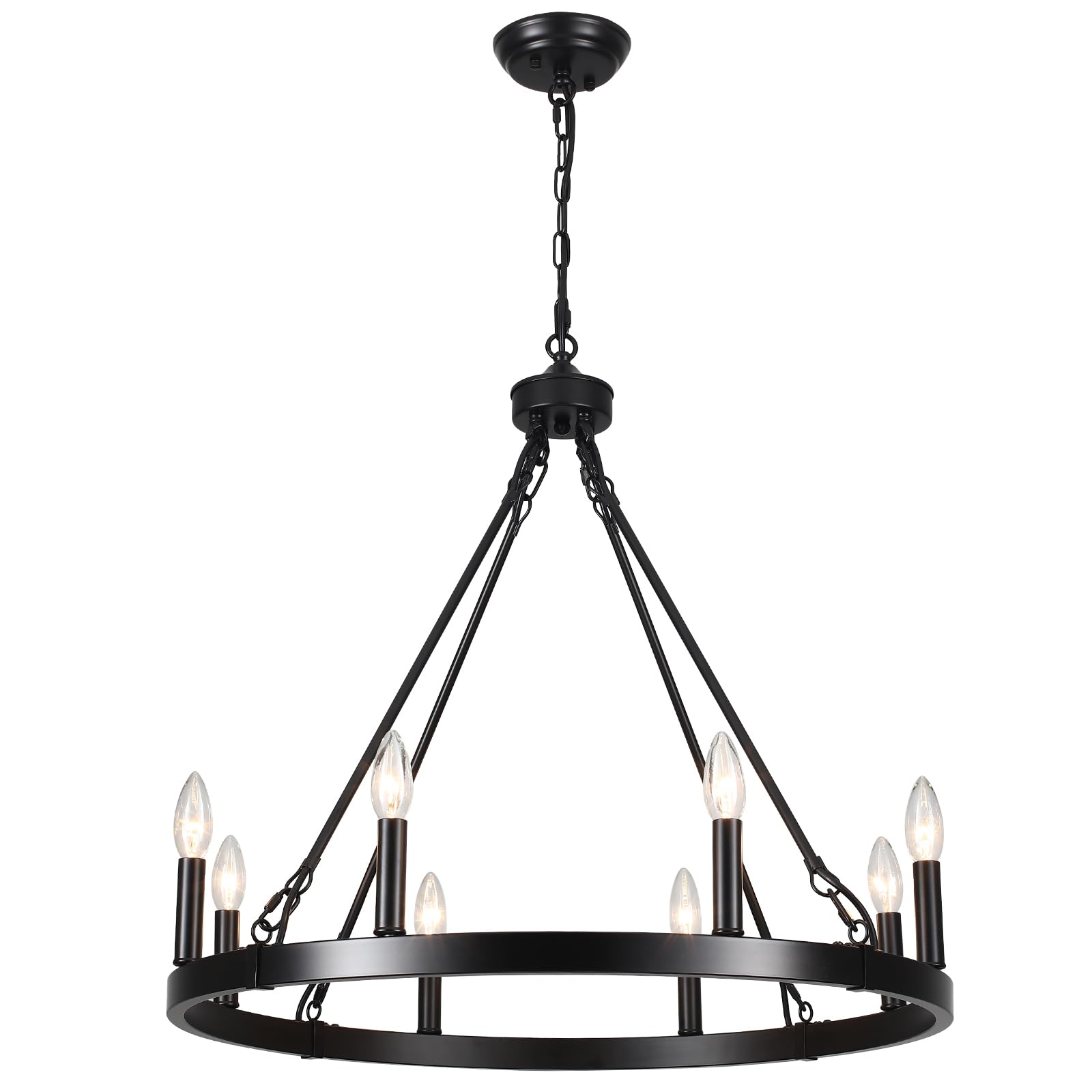 ADSENSTY Black Wagon Wheel Chandelier, 8 Lights Chandelier for Dining Room Light Fixture Round Industrial Pendant Light Fixtures for Living Room Foyer Entryway