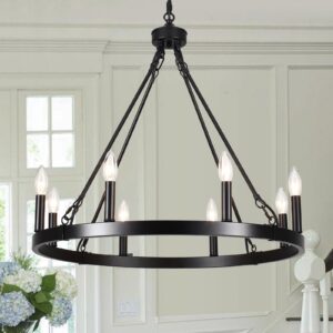 ADSENSTY Black Wagon Wheel Chandelier, 8 Lights Chandelier for Dining Room Light Fixture Round Industrial Pendant Light Fixtures for Living Room Foyer Entryway