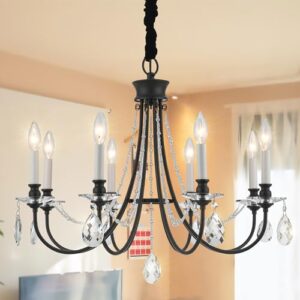 kaluxry black crystal chandeliers,8 lights farmhouse crystals chandelier for dining room, french century ceiling light fixtures modern vintage pendant lighting for living room, bedroom, foyer