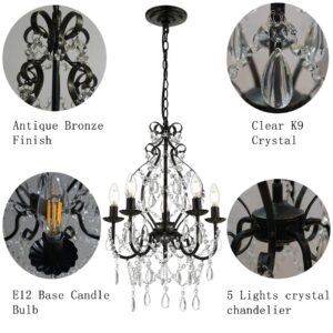 riomasee Mini Crystal Chandelier 5 Lights Bronze Chandelier with K9 Crystal Raindrop Iron Ceiling Light Fixtures for Bedroom,Dining,Living Room