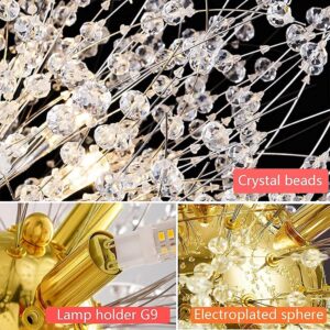 Yiisem Gold Crystal Chandeliers, 9-Light Modern Dandelion Firework Pendant Lighting, G9 Hanging Chandelier Light Fixtures for Dining Room Bedroom Hallway Kitchen Aisle