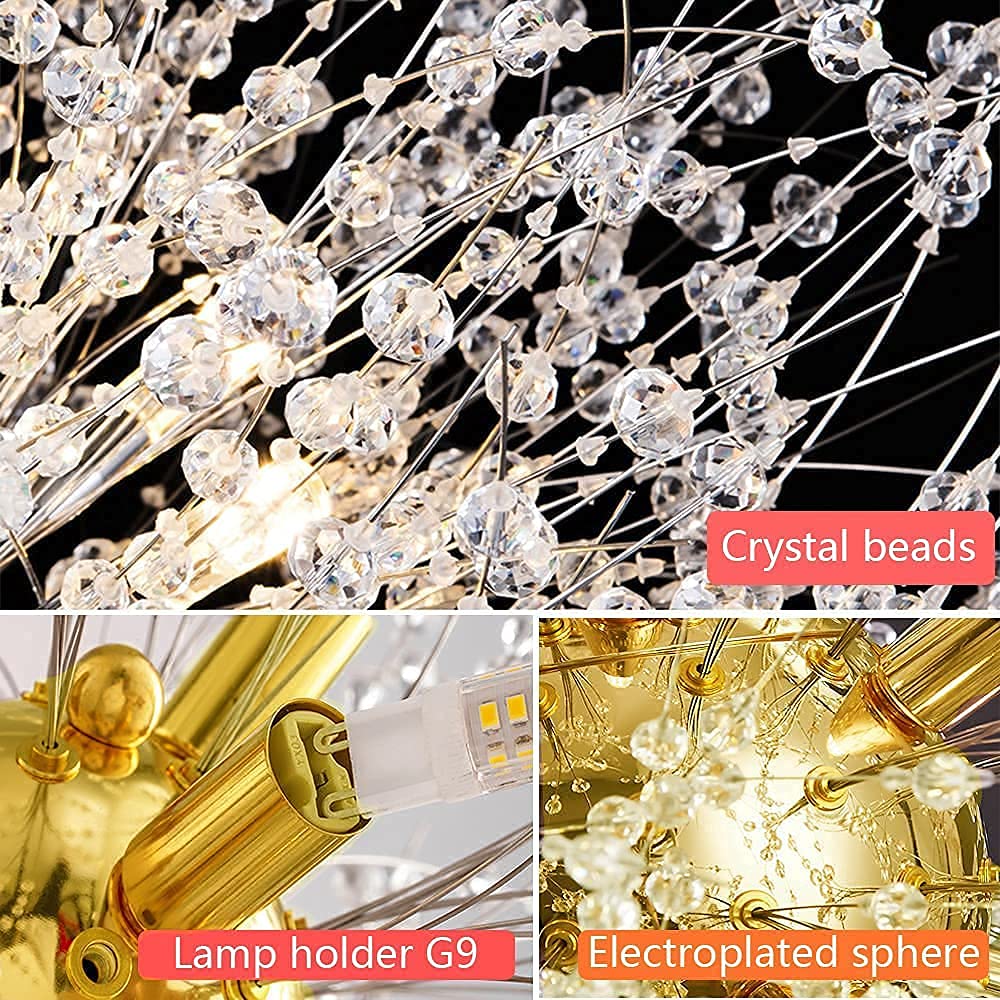 Yiisem Gold Crystal Chandeliers, 9-Light Modern Dandelion Firework Pendant Lighting, G9 Hanging Chandelier Light Fixtures for Dining Room Bedroom Hallway Kitchen Aisle