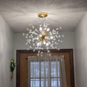 Yiisem Gold Crystal Chandeliers, 9-Light Modern Dandelion Firework Pendant Lighting, G9 Hanging Chandelier Light Fixtures for Dining Room Bedroom Hallway Kitchen Aisle