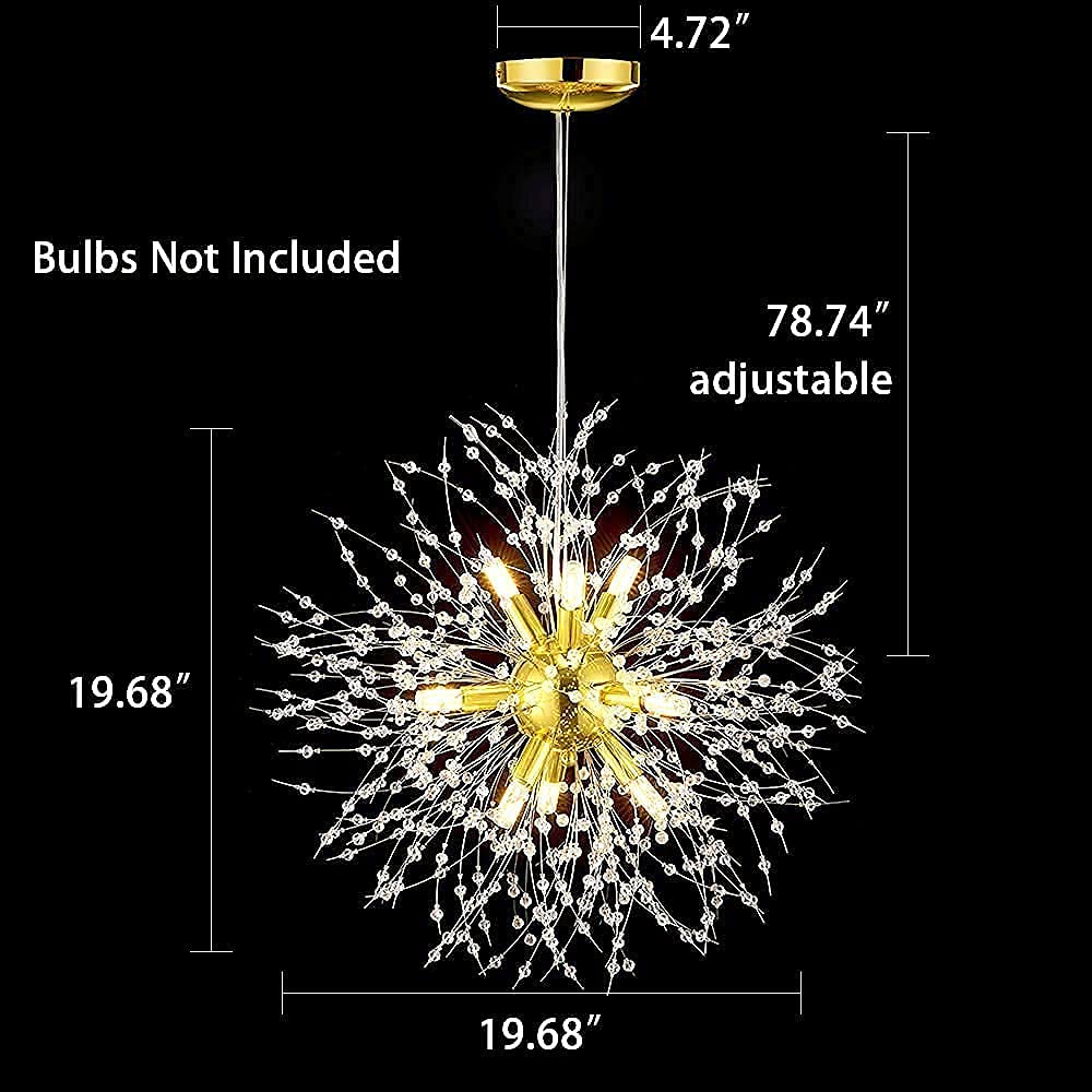 Yiisem Gold Crystal Chandeliers, 9-Light Modern Dandelion Firework Pendant Lighting, G9 Hanging Chandelier Light Fixtures for Dining Room Bedroom Hallway Kitchen Aisle