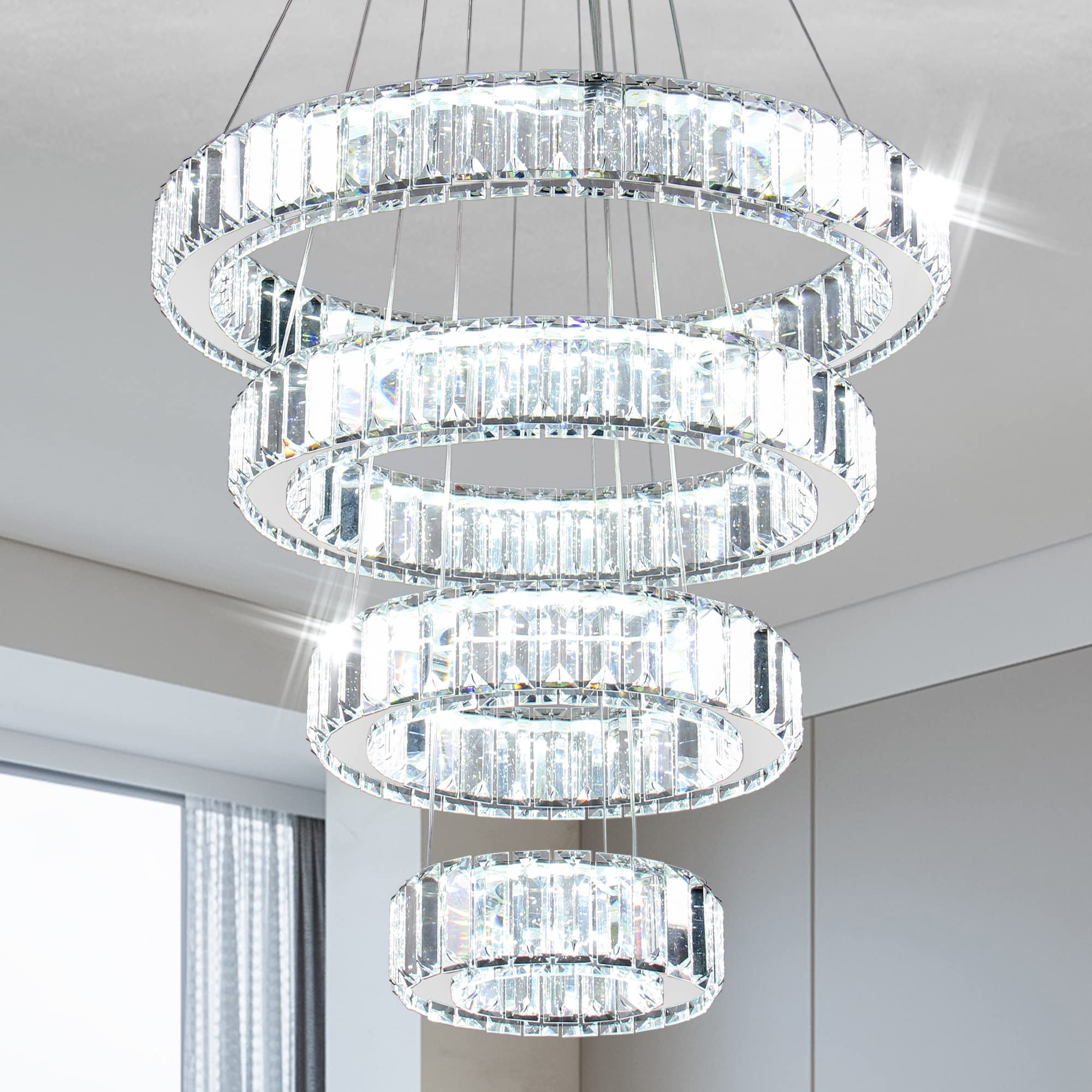 YPQXYHDA Modern Crystal Chandelier LED Pendant Light 4 Ring Chandelier LED Crystal Chandeliers for Dining Room Bedroom Living Room Dia 7.9"-11.8"-15.7"-19.7"